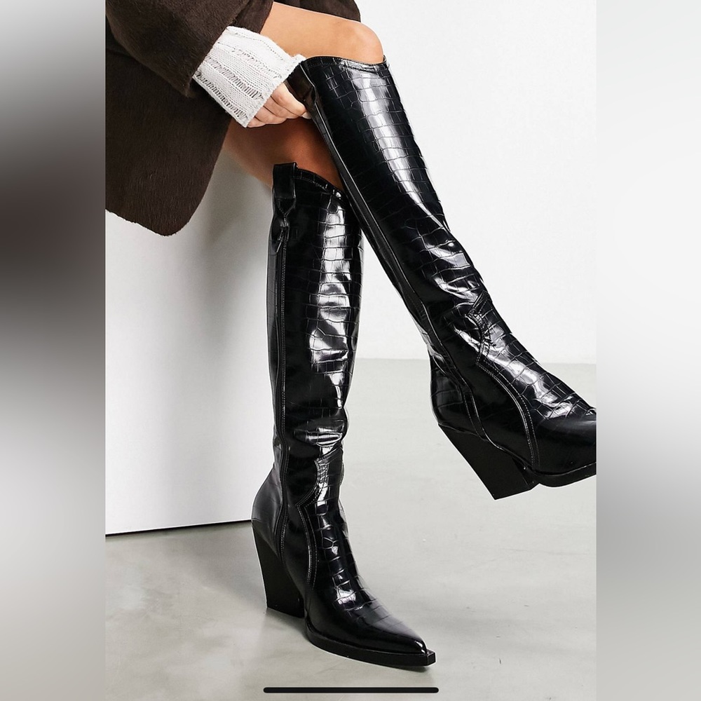 ASOS design heeled western boot in black croc